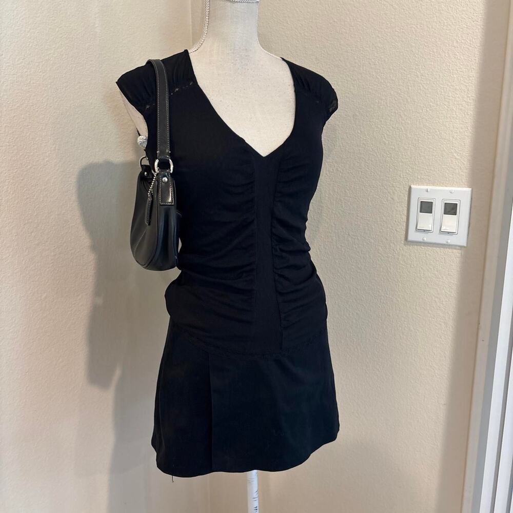 Kenneth Cole black mesh top with ruched detailing and lace. Size XS